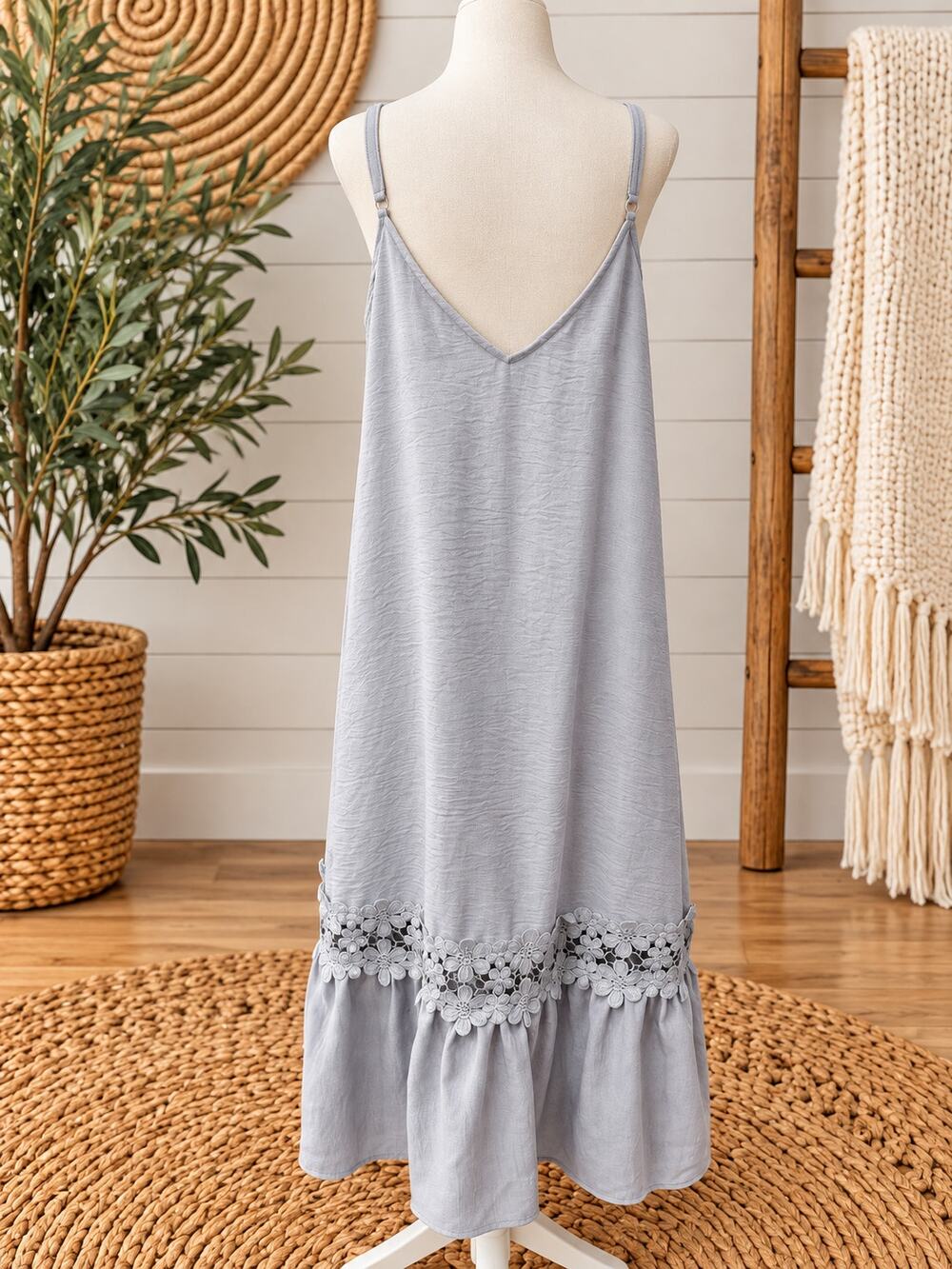 Boho Light Gray Lace Hem Maxi Sundress
